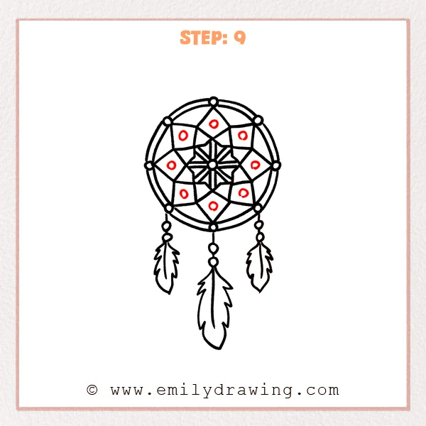 how to draw a dream catcher - A finished dream catcher web with small decorative circles added inside each segment, creating a neat repeating dotted pattern.
